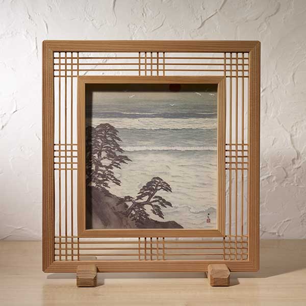 Artisanat kumiko　Cadre - motif de claire-voie, bois brut (sauf le dessin), avec plaque acrylique, Ｗ39×Ｈ41.5×Ｄ3cm